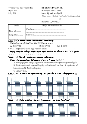 Đề kiểm tra cuối học kì 1 môn Lịch sử và địa lí Lớp 5 - Năm học 2020-2021 - Mã đề 51
